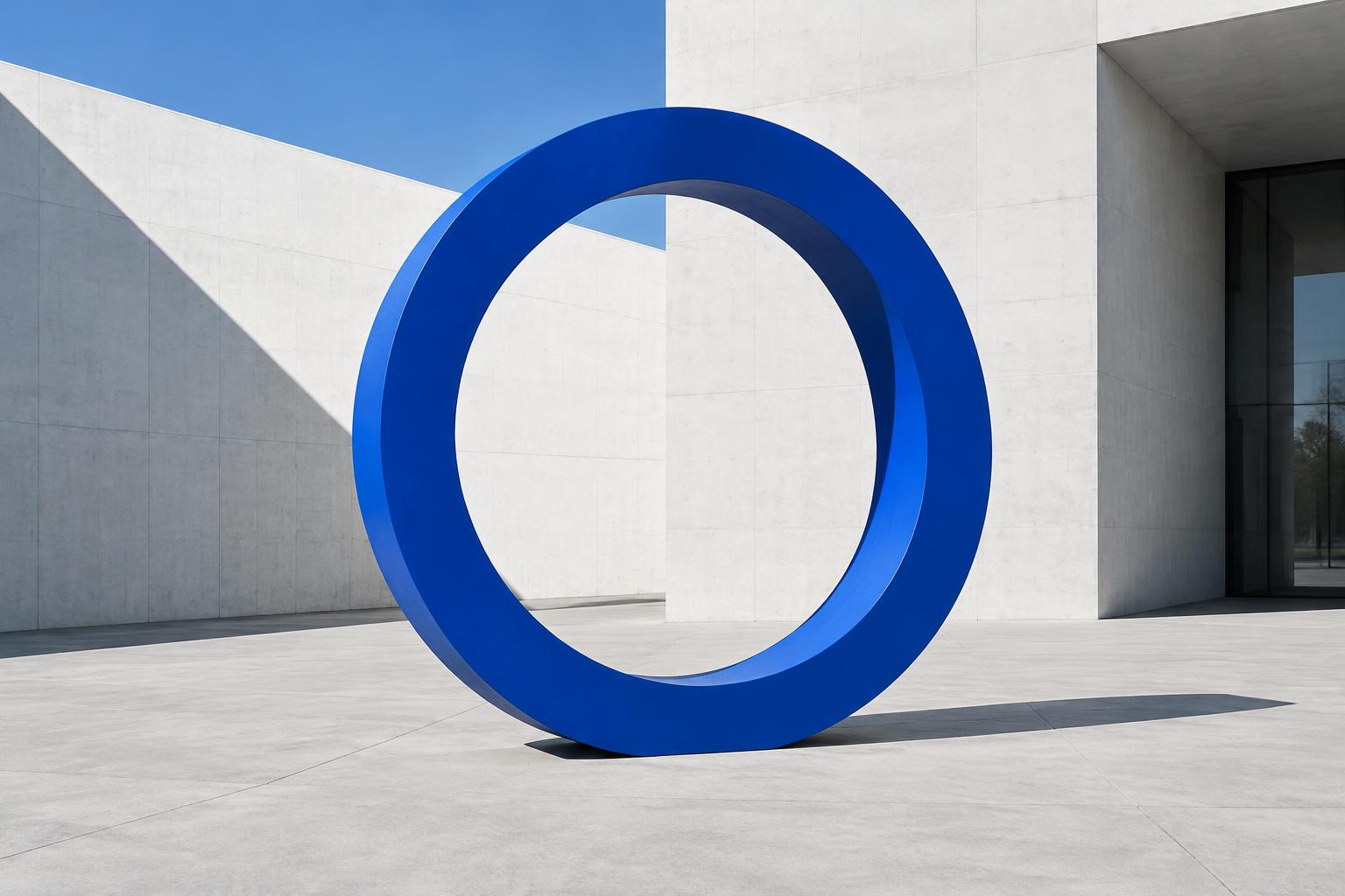 A bold blue circular sculpture in a modern architectural space